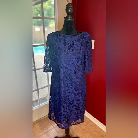 MSK Dresses & Skirts - MSK Blue Floral Lace Overlay Sheath Dress Size 10 – Elegant Cocktail Dress